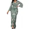 Hot Selling Flower Polynesian Tribal Bell Sleeve V Neck Long Maxi Slit Dress Custom Plus Size Womens Dresses Island Style Dress