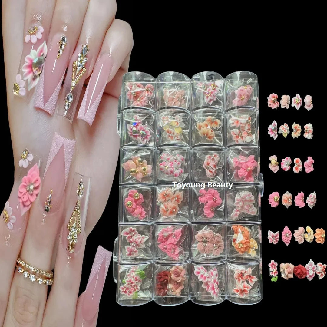TOYOUNG 100pcs Per Tray Cheap Price Box Kawaii Handmade Nail Art Charms Christmas Decoration Stickers 3D Acrylic Nail Flowers