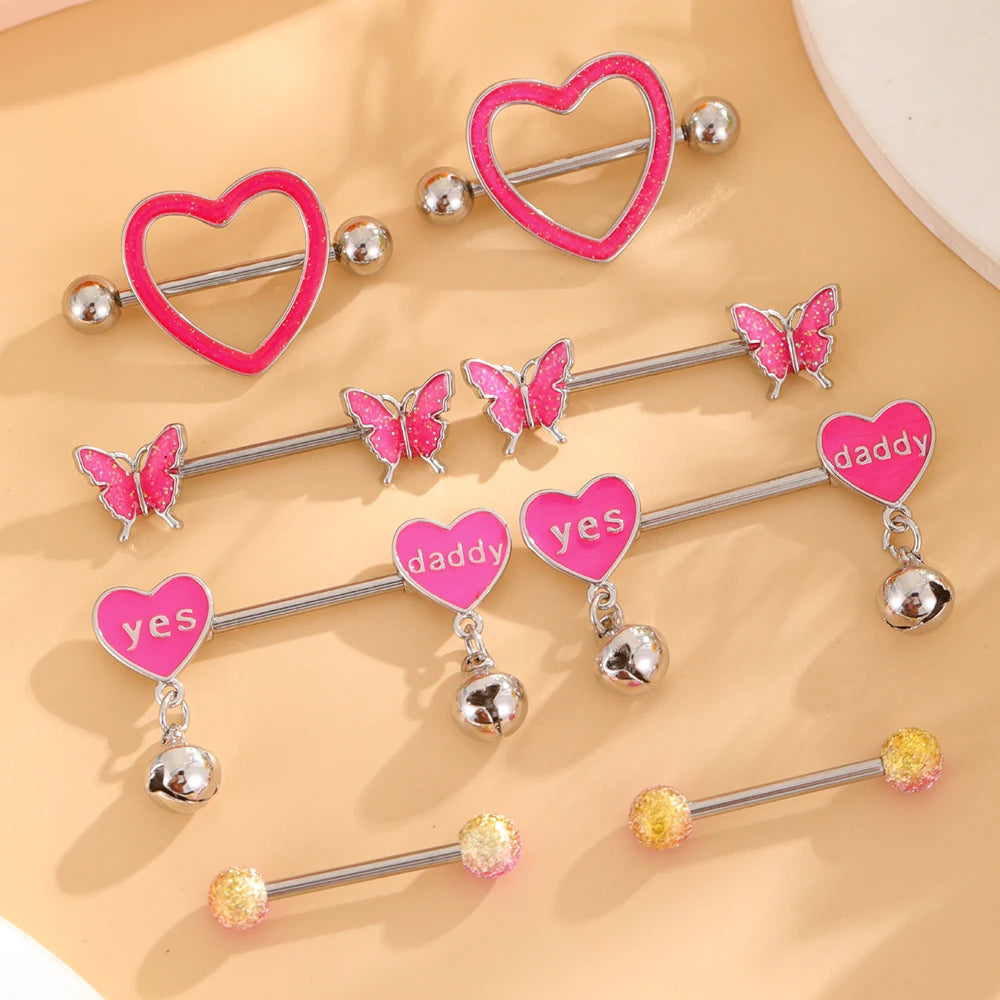 4-Pair Set Personalized Pink Oiled Heart-Shaped Bell Stainless Steel Nipple Rings Wedding Chest Piercing Jewelry Gift for Women