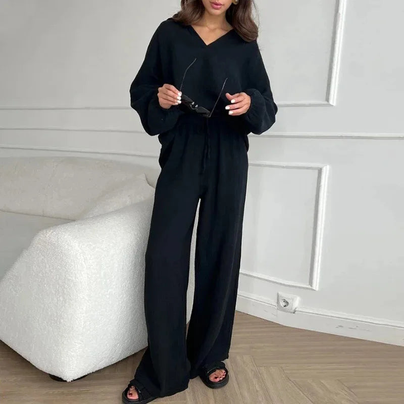 Boutique Wholesale 2026 Spring New Elegant  Casual Loose Polo Collar Sleeved Top Drawstring Pants Women's Set