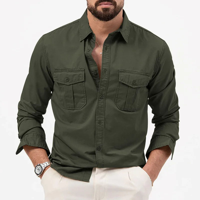 Spring Summer New European and American Men's Solid Color Shirt Multi-pocket Casual Long-sleeved Shirt