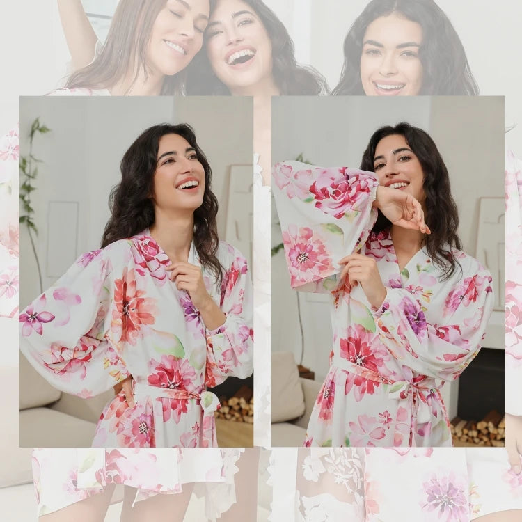 FUNG 8008 Watercolor Floral Bridesmaid Satin Robe, Puff Sleeve Bachelorette Party Kimono