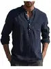Men's Cotton Linen Casual Long Sleeve T-Shirt Plus Size Stand Collar Streetwear for Autumn Vacation & Fishing Pocket Detail
