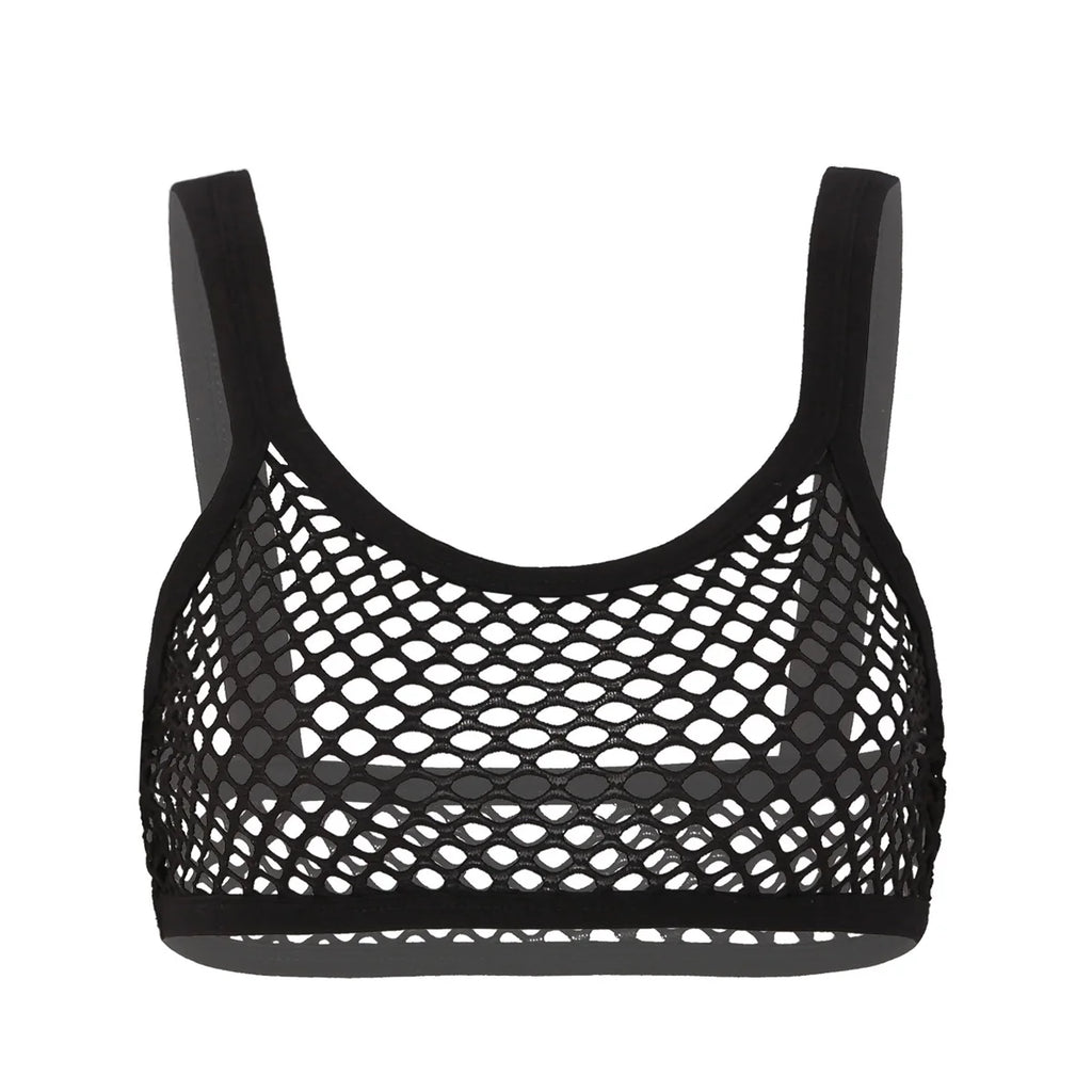 Women See Through Fishnet Sexy Crop Tops Spaghetti Shoulder Straps Solid Color Camisole Tops Adult Nightclub Party Rave Costume