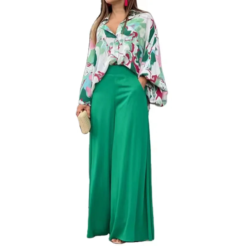 Women's Spring Pants Set Casual Two Piece Set Loose Long Sleeve Shirt High Waist Wide-leg Pants Fashion Pants Suits