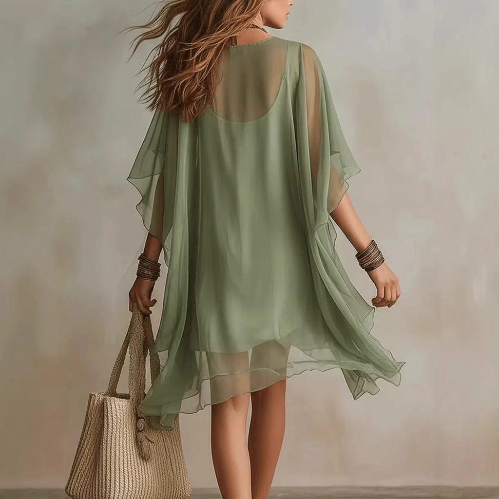 2026 Summer New European American Womens V-Neck Chiffon Dress Loose Beach Cover-Up Mid-length Princess Sleeve Solid Color
