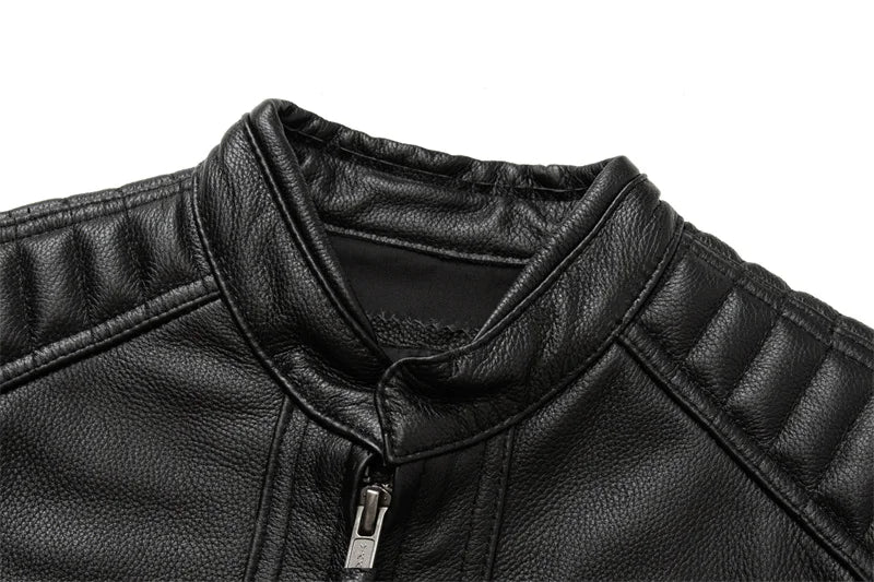 New Motorcycle Causal Vintage Leather Coat Men Autumn Outfit Fashion Biker Pocket Design Top Layer Cow Leather Jacket