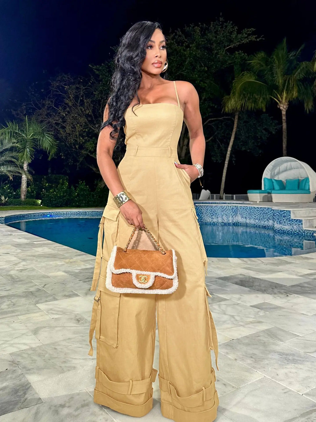 Women's Summer Sleeveless Jumpsuit with Wide Leg Multi-Pocket Strap Wrap Chest Design Breathable Casual Style for Parties