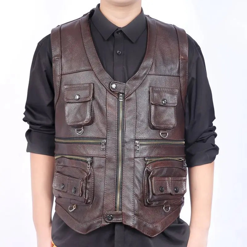 Spot Wholesale High Quality First Layer Cowhide Multi-pocket Tactical Sleeveless Jacket Knight Street Retro Motorcycle Vest Men