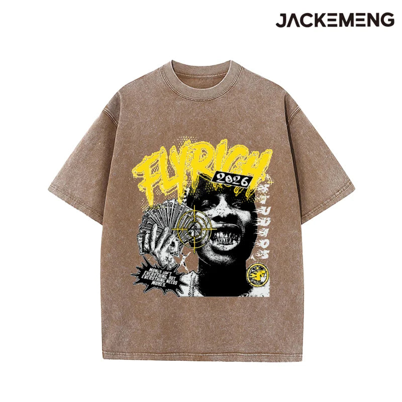 Oversized Washed Retro Money Streetwear Print Tshirt USA Stock Wholesale Y2K Casual Tee