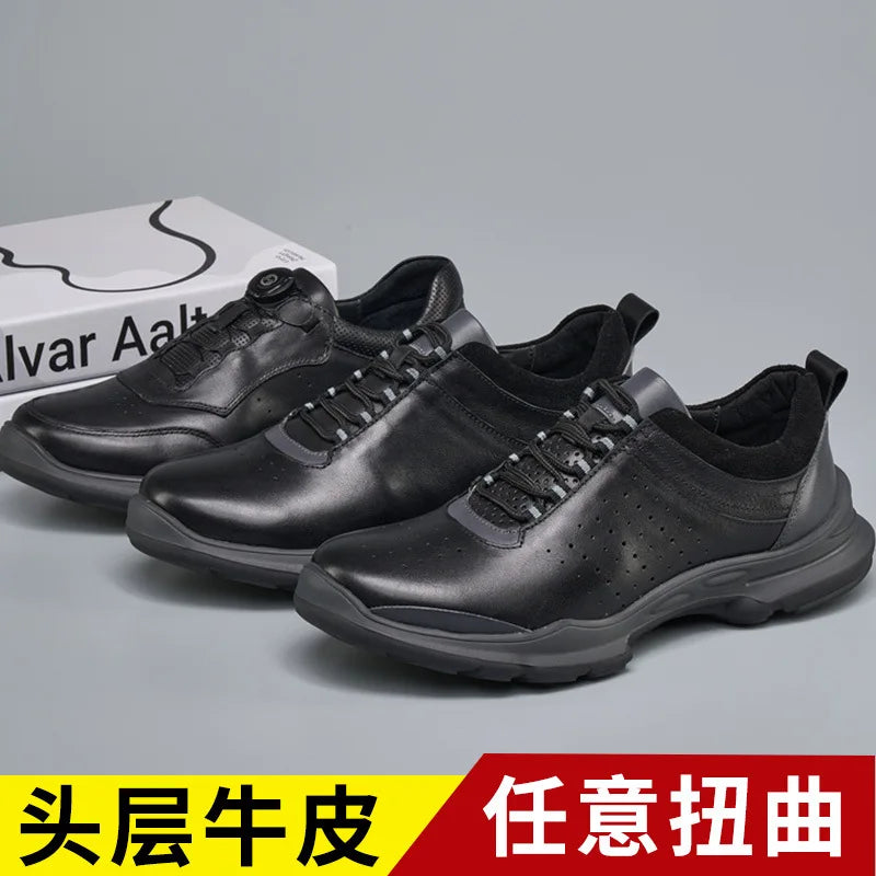 Men's Genuine Leather Casual Shoes Round Toe Lace-up Light Weight Spring Rubber Outsole EVA Midsole Mesh Lining