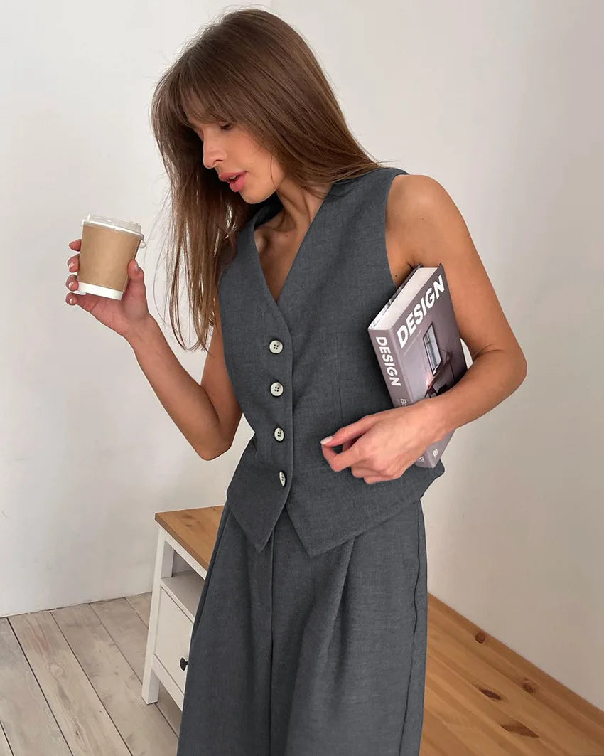 Enyami Minimalist Office Casual Co Ords Outfits V Neck Buttons Vest High Waist Wide Leg Pants Suits 2 Two Piece Sets Women