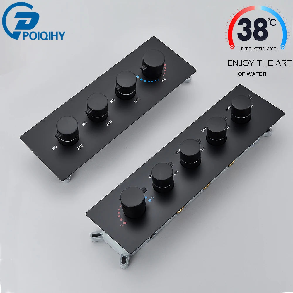 Black Thermostatic Valve 3-4 Outlet Thermostate Shower Diverter Mixer Valve Round Knobs Concealed Mixers Shower Diverter Brass