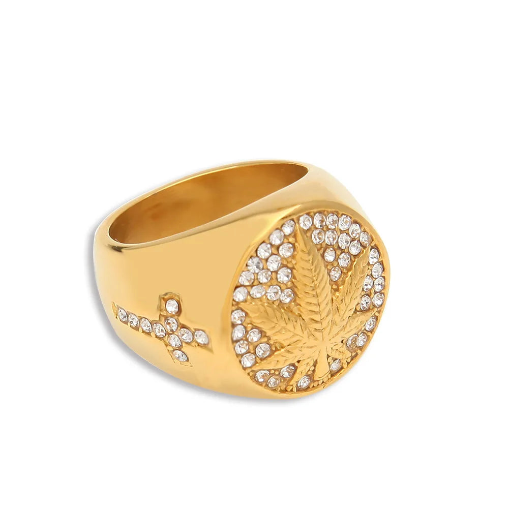 Men's Ring HIP Hop Iced Out Bling Gold Stainless Steel Micro Paved Rhinestone Maple Leaf Rings Cross Diamond Ring