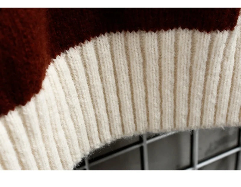 2023 Autumn and Winter New Sweater Warm Fashion Stitching Color Matching Pullover Round Neck Sweater Thickened Knitted Sweater