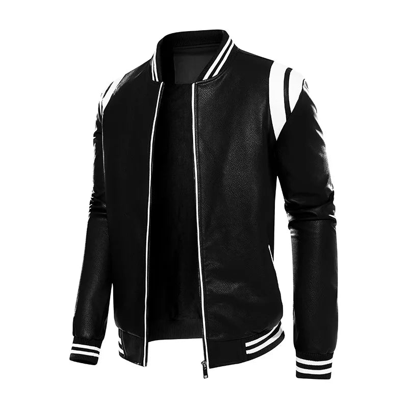 Men's PU Leather Baseball Jacket  Motorcycle Fleece Leather Coats Fashion Color Matching Loose Outwear Male