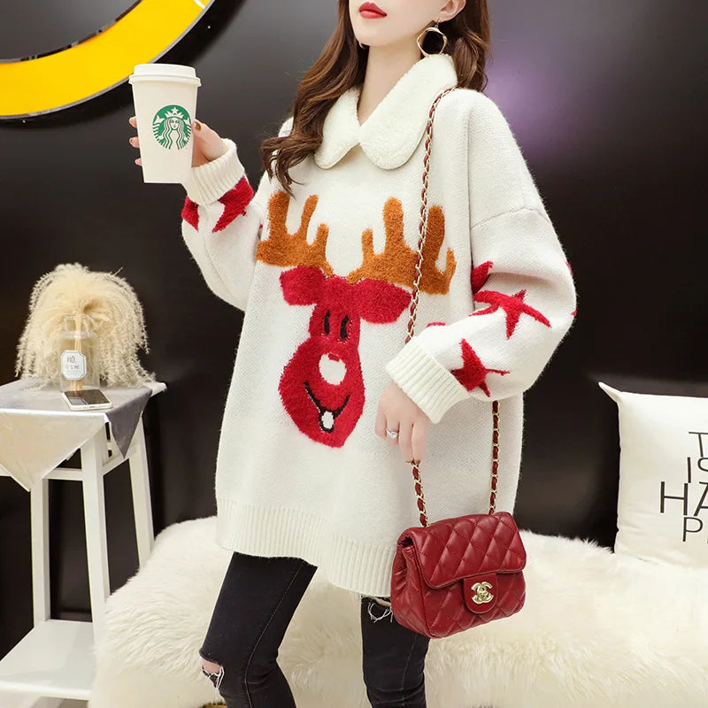 Wholesale New Year Luxury High Quality Fur Collar Loose Deep Head Print Christmas Sweater