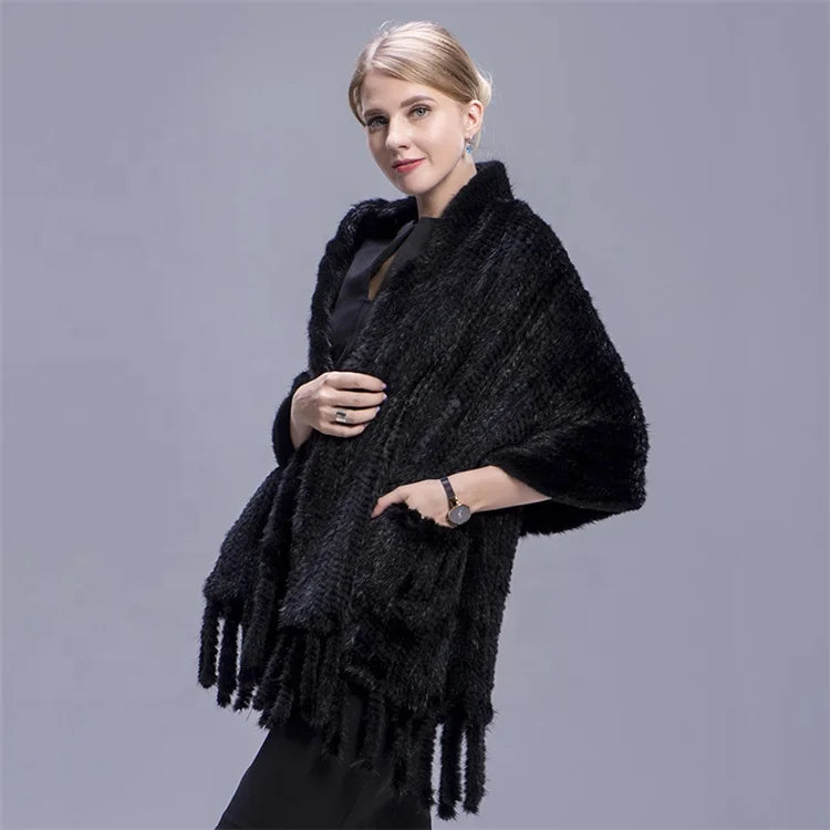 MWFur Fashion Chinese Supplier Wholesale Winter Knitted Mink Fur Shawl for Women Big Size Mink Hair Scarf Winter Fashion