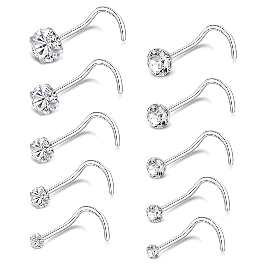 10Pcs Stainless Steel Screw Shaped Nose Studs Rings Square Round CZ Nose Ring Labret Nose Piercing Jewelry Silver Tone