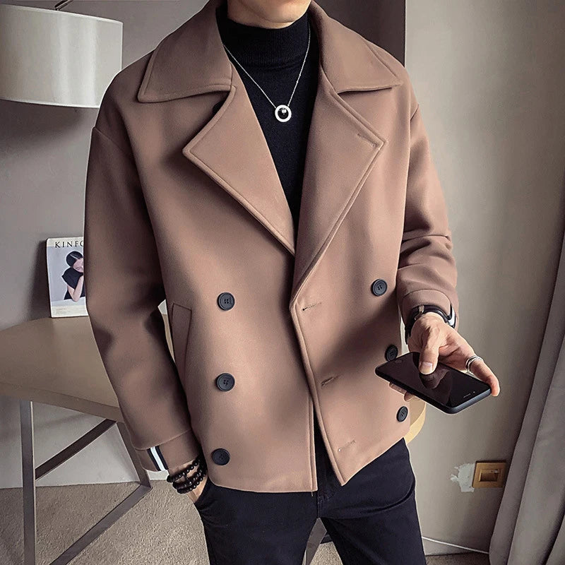 Trendy Brand Autumn Winter New Men's Cropped Jacket Korean Style Casual Fashion Woolen Overcoat Warm Net Red Version for Men