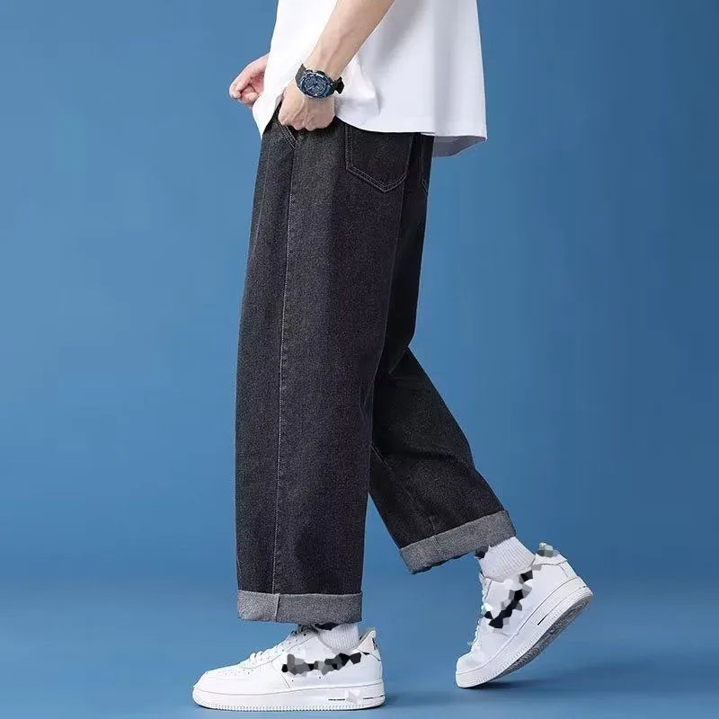 High Quality Summer Drawstring Trendy Fashion Loose Baggy  Drawstring Straight Leg Casual Long Men's  Denim Jeans Pants