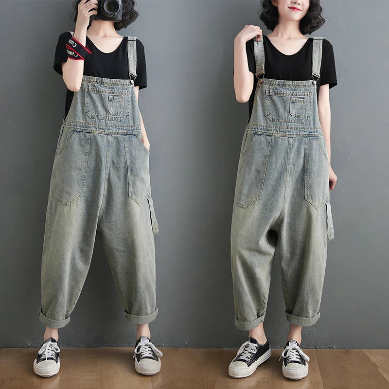 Boyfriend Loose Jeans Overalls For Women Casual Plus Size Wide Leg Denim Jumpsuit Straps Baggy Cargo Pants Big Pockets Dungarees