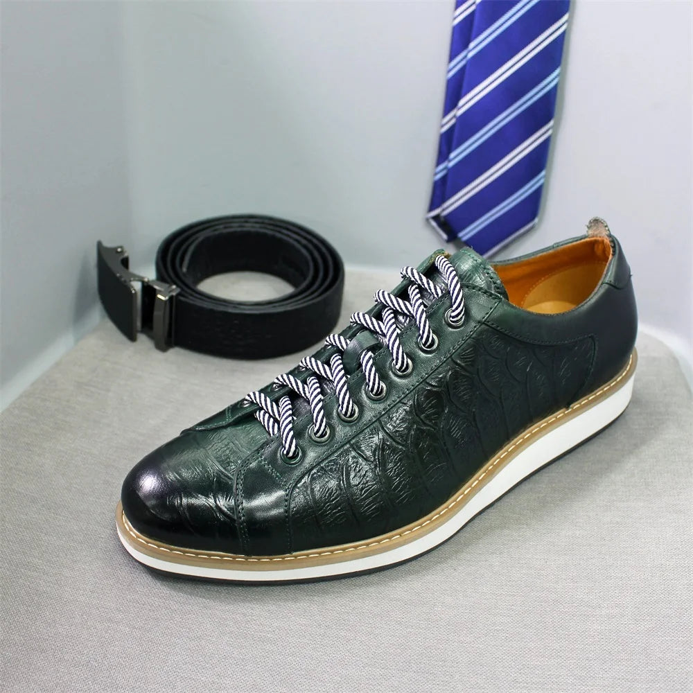 2021 Fashion Designer Men Casual Shoes Pure Cow Leather Walking Street Sports Shoes Luxury Print Flat Green Shoes Men