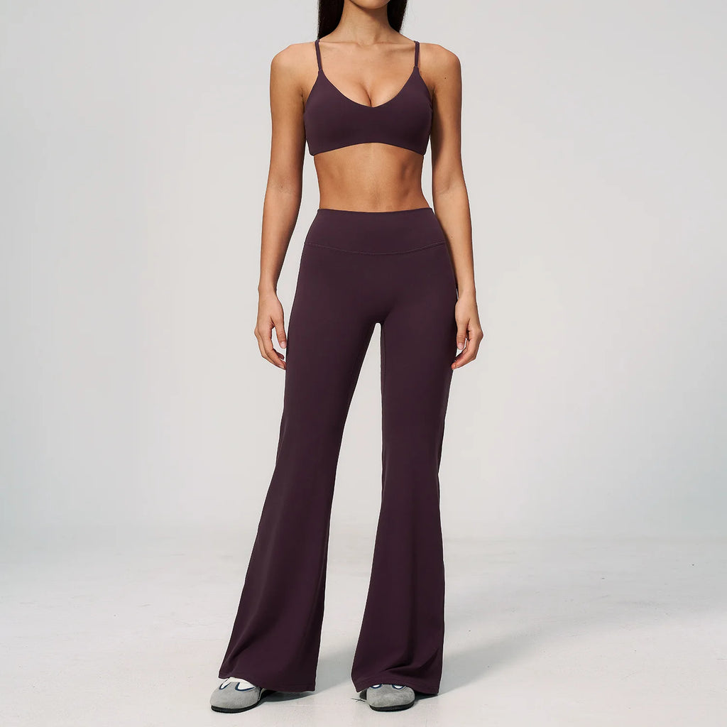 Textured Spandex/Nylon Workout Clothes Soft Sportswear Set Deep V-Neck High-Waisted Tummy-Control Solid Sweat-Wicking Two-Piece