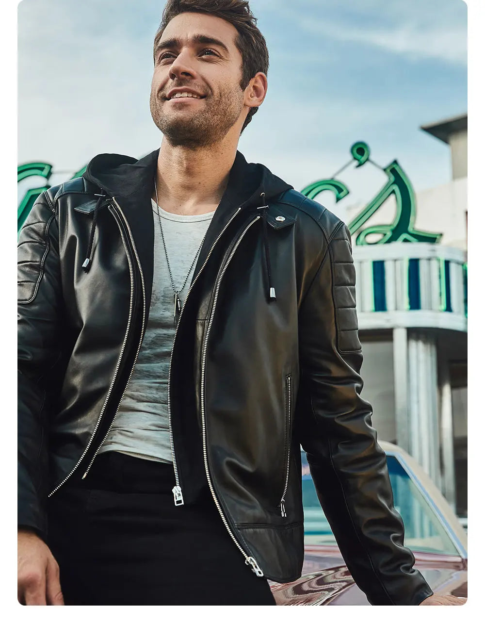 FLAVOR Men's Leather Motorcycle Jacket Black Sheepskin Real Leather Jacket With Removable Hood