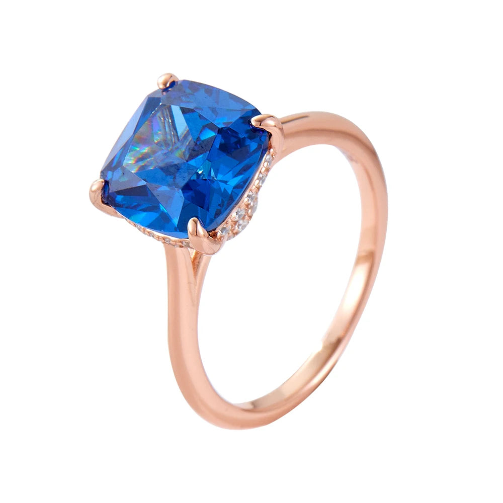 Luxury High Quality Silver Ring 925 Sterling Jewelry Rose Gold Plated Cushion Sapphire Blue Zircon Gemstone Rings Jewelry Women