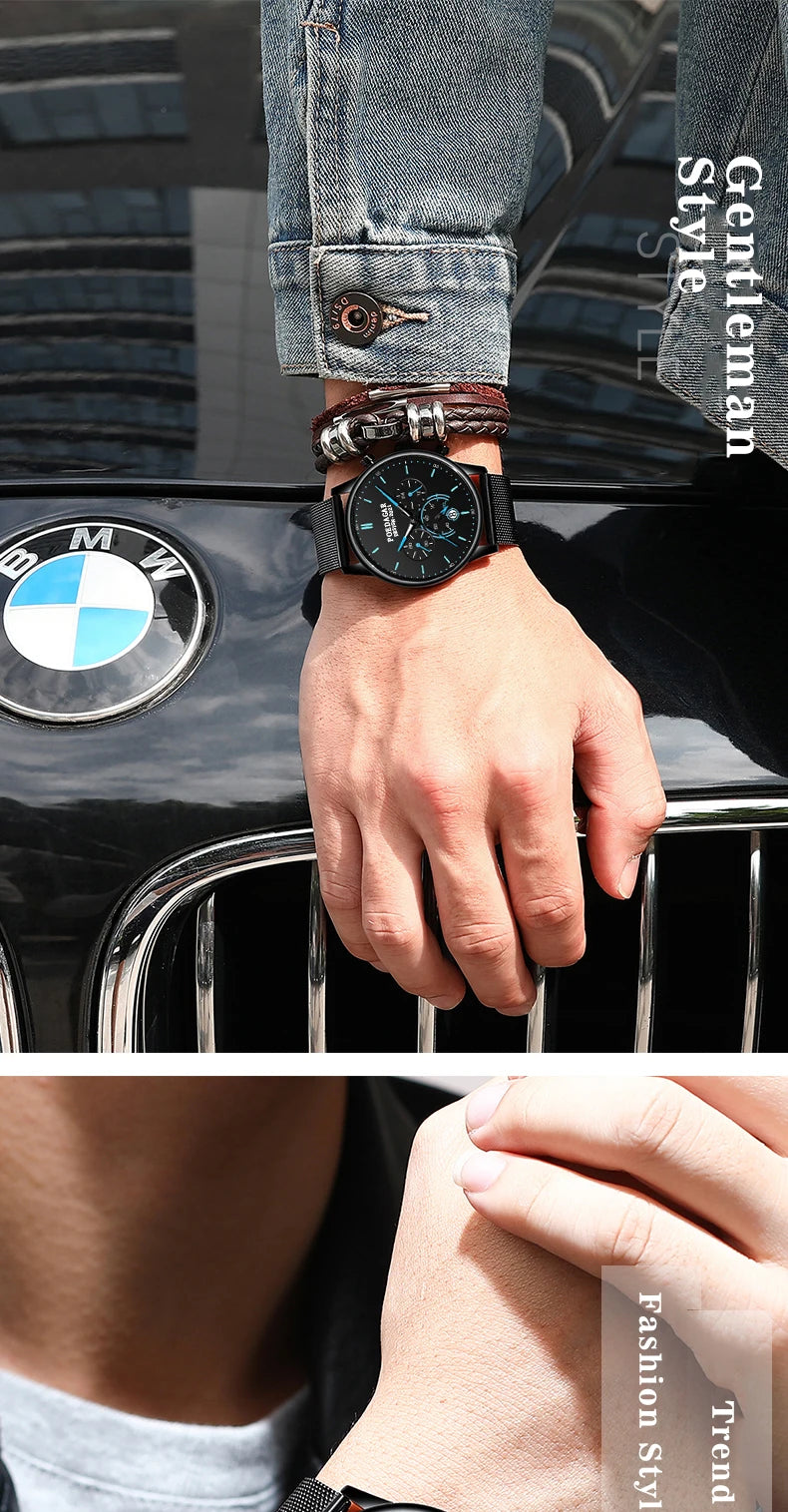 POEDAGAR Men Watch Fashion Chronograph Slim Stainless Steel Mesh Quartz Men's Wristwatch Waterproof Luminous Date Sport Watch