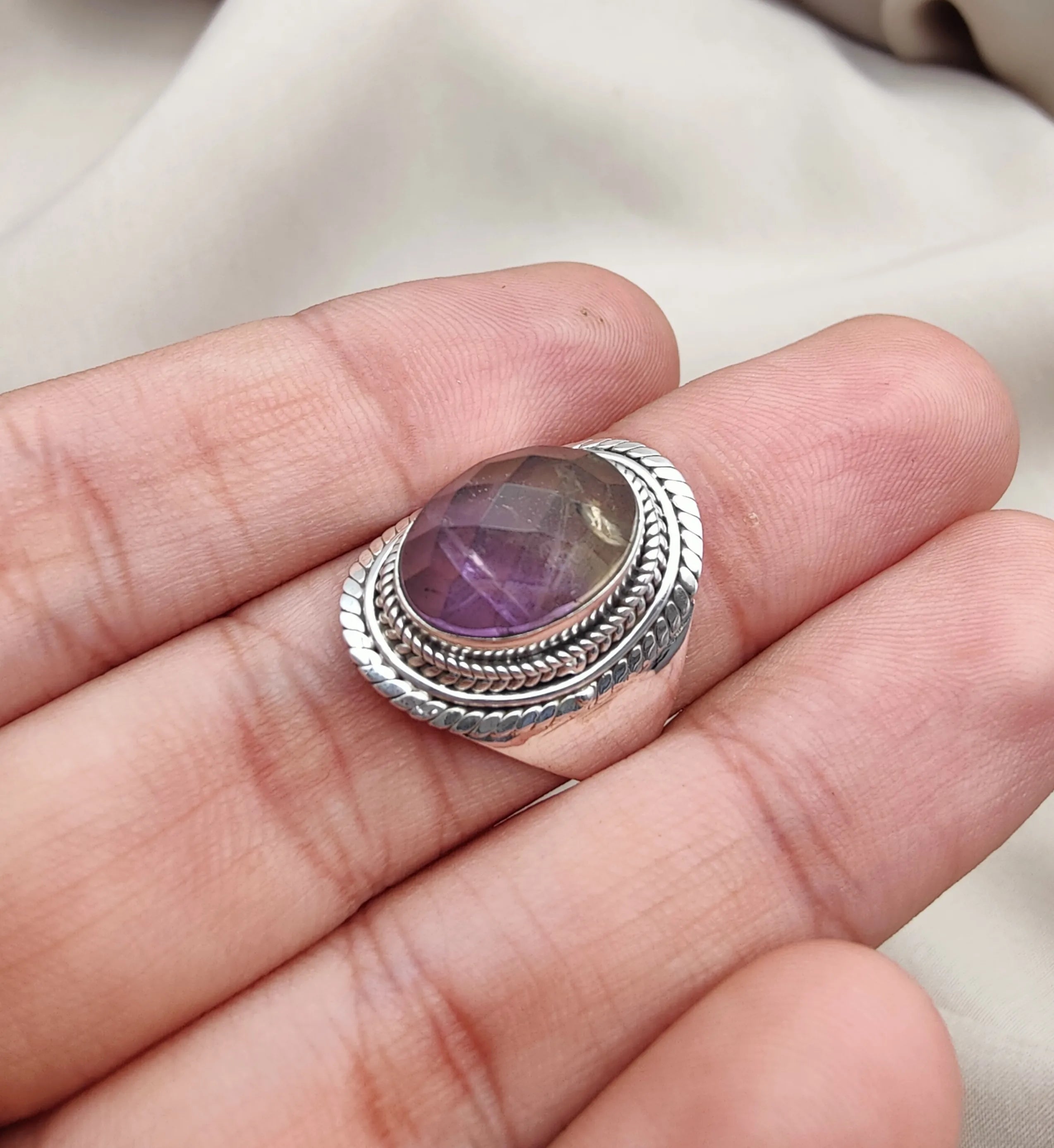 High-Grade Natural Ametrine 925 Sterling Silver Handmade Dual Tone Gemstone Ring Trendy Women's Wedding Party Jewelry Wholesale