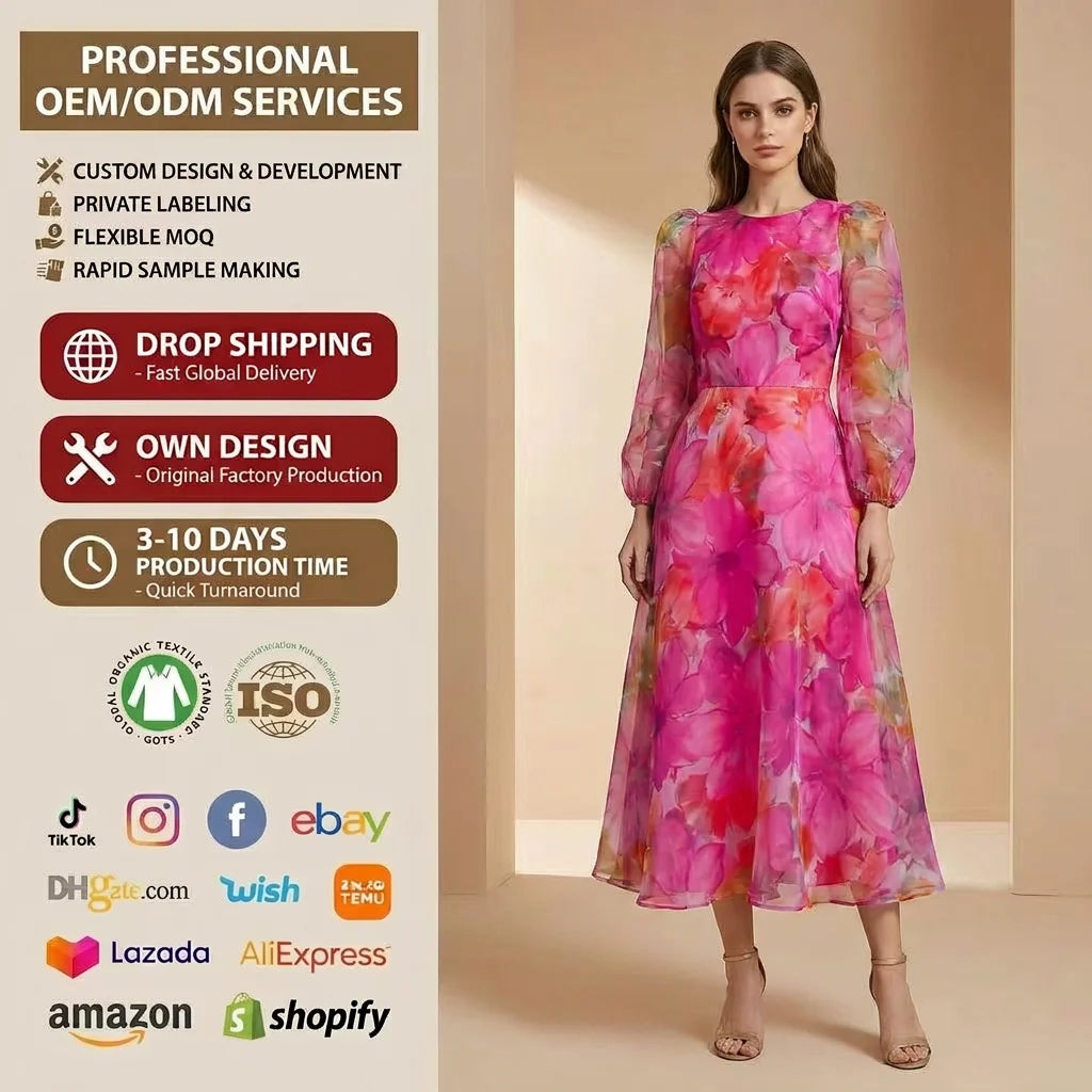 Lady Elegant Evening O-Neck Dress Floral Pattern Gauze for Spring Autumn Women's Casual Maxi Dress for Office Streetwear Empire