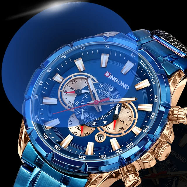 BINBOND B6395 6395 Stainless Steel Watches Men's Quartz Wristwatch Chronograph Sports Luminous Fashion Casual Pointers Men Watch