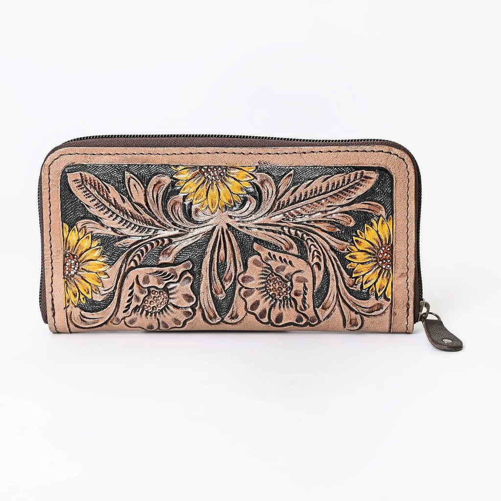 Luxury Hand Tooled Cowhide Leather Bifold Wallet for Women RFID Blocking Western Purse