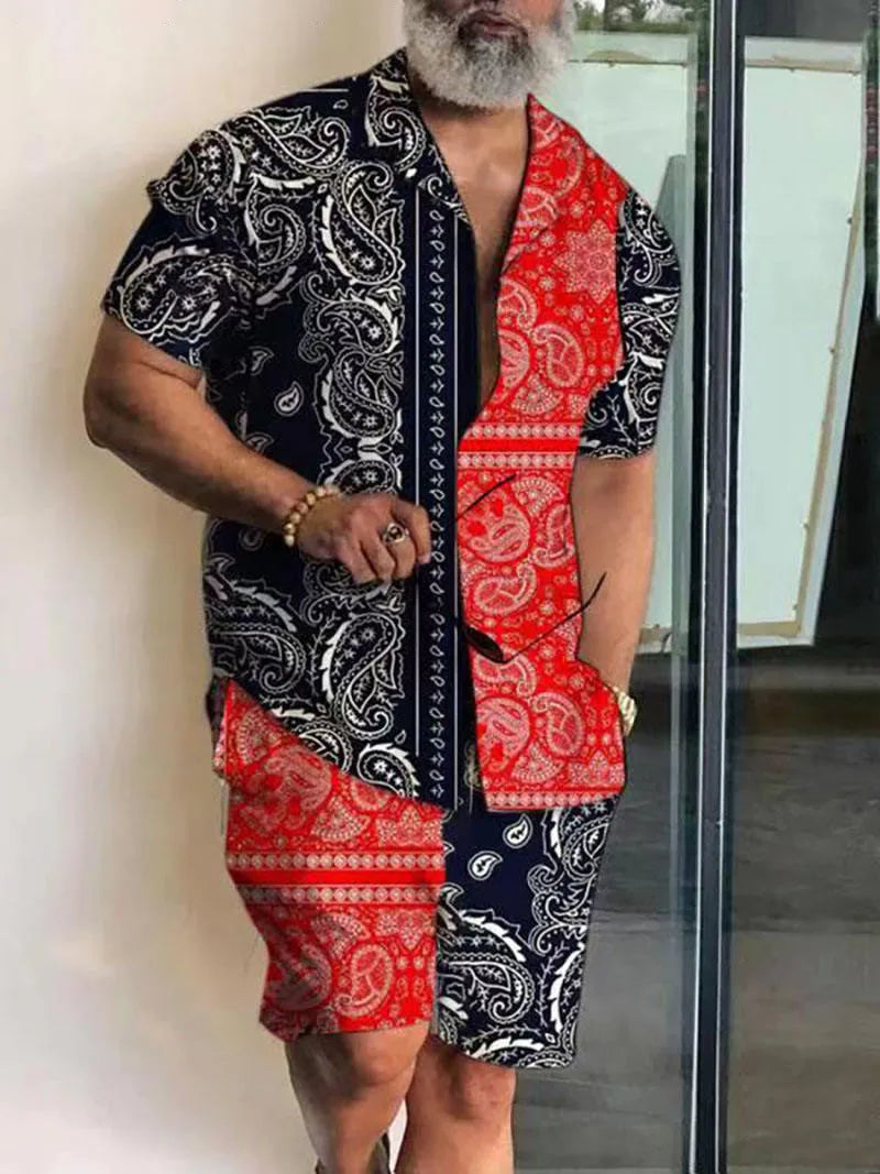 New Men Sets Print Patchwork Lapel Short Sleeve Casual Shirt Beach Shorts Summer Men Streetwear Vacation Hawaiian Suits