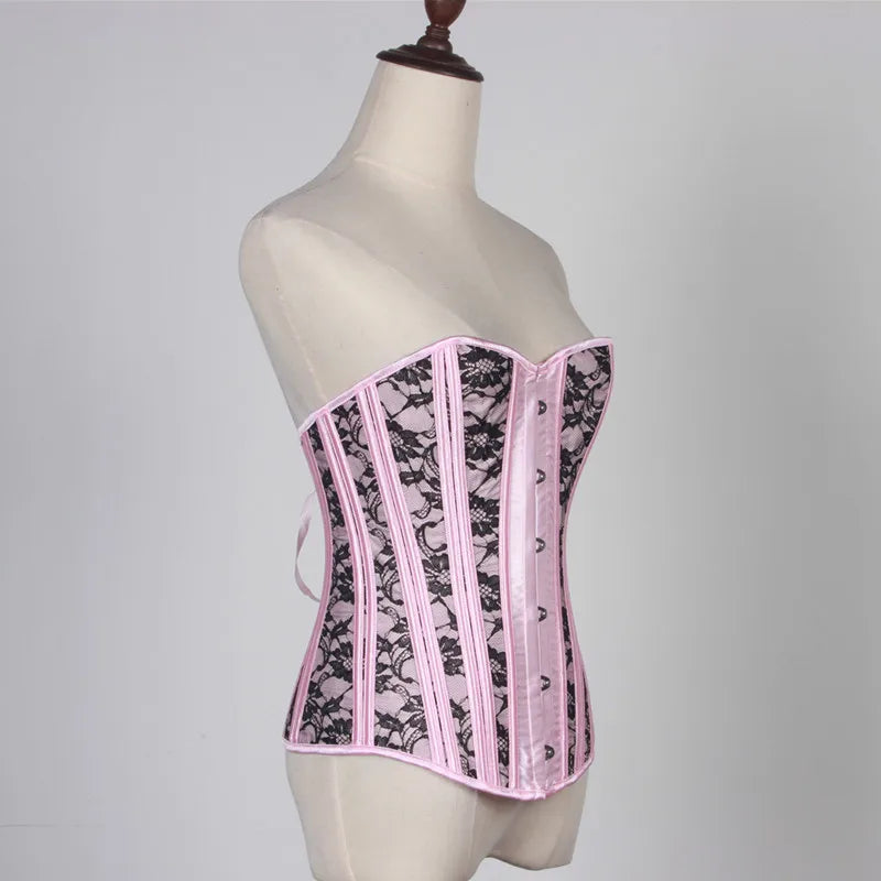 Pink Corset Top Lingerie Women Sexy Lace Floral Boned Overbust Bustier Waist Cincher Body Shaper Burlesque Corselet Sexy Costume