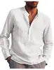 Men's Cotton Linen Casual Long Sleeve T-Shirt Plus Size Stand Collar Streetwear for Autumn Vacation & Fishing Pocket Detail