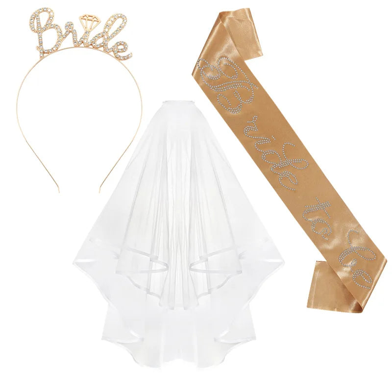 3-piece Set Bride to Be Crown Headband Shoulder Strap Wedding Veil Set for Bridal Shower WB007