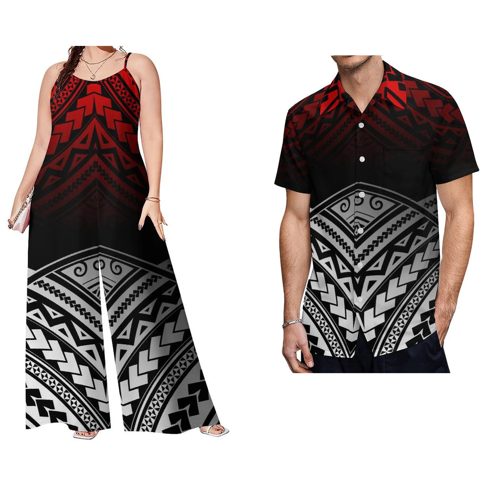 Low Price Custom Plus Size Polynesian Clothing Casual Sets of Couples Samoan Tribal Print Men Shirt Women Loose Rompers 2pc Sets