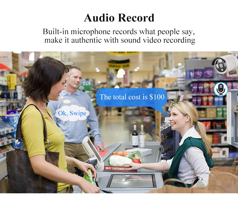 AZISHN 2.8mm Wide Angle 8MP 4K IP Camera Audio Outdoor IP66 H.265 ONVLF Bullet CCTV Array IR 4MP POE Video Surveillance Camera