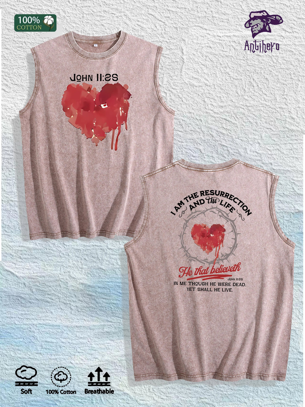 Religious Heart - Printed Washed Vest US Local Warehouse 3 Colors Cotton Breathable Trendy Top
