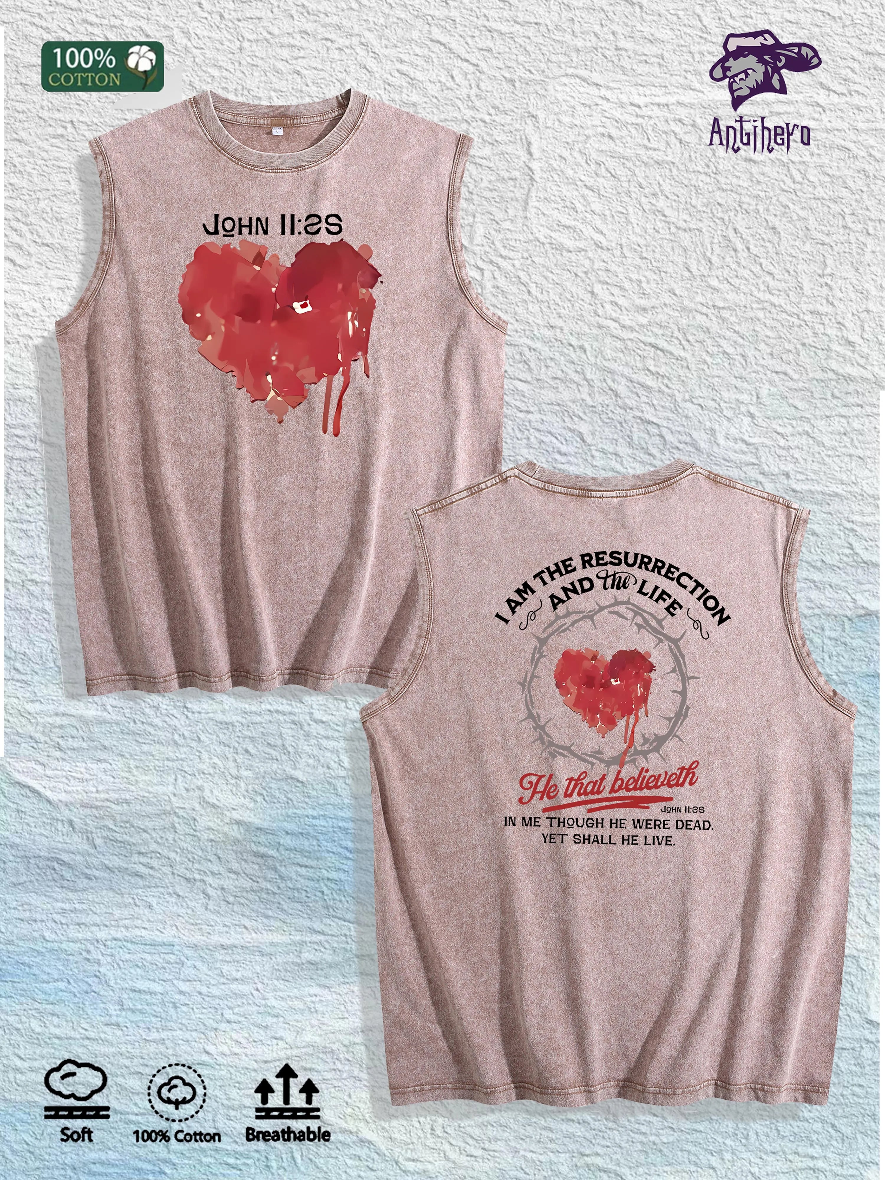 Religious Heart - Printed Washed Vest US Local Warehouse 3 Colors Cotton Breathable Trendy Top