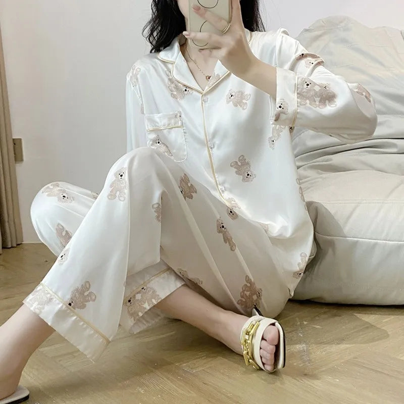 Best Selling Design Women's Silk Pajamas Long Sleeve Two-piece Set Cartoon Print Sleepwear Girls Cheap Nightwear Wholesale