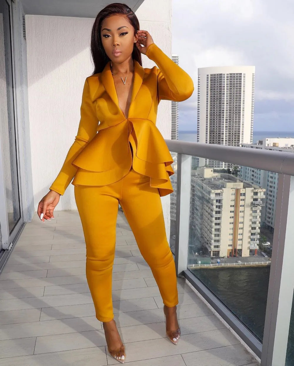 New 2025 Women Long Sleeve Solid Ruffles Design Top & Skinny Pencil Pant Sets Two Piece Set Women Outfits