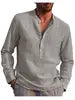 Men's Cotton Linen Casual Long Sleeve T-Shirt Plus Size Stand Collar Streetwear for Autumn Vacation & Fishing Pocket Detail