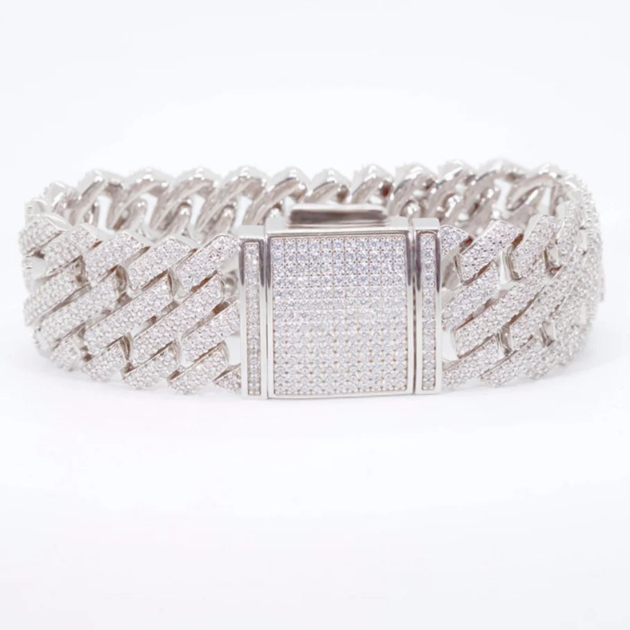 Custom Miami Bracelet S925 Sterling Silver with Two Rows VVS Moissanite Diamond Heavy Cuban Bracelet for Men's Hip-hop Style