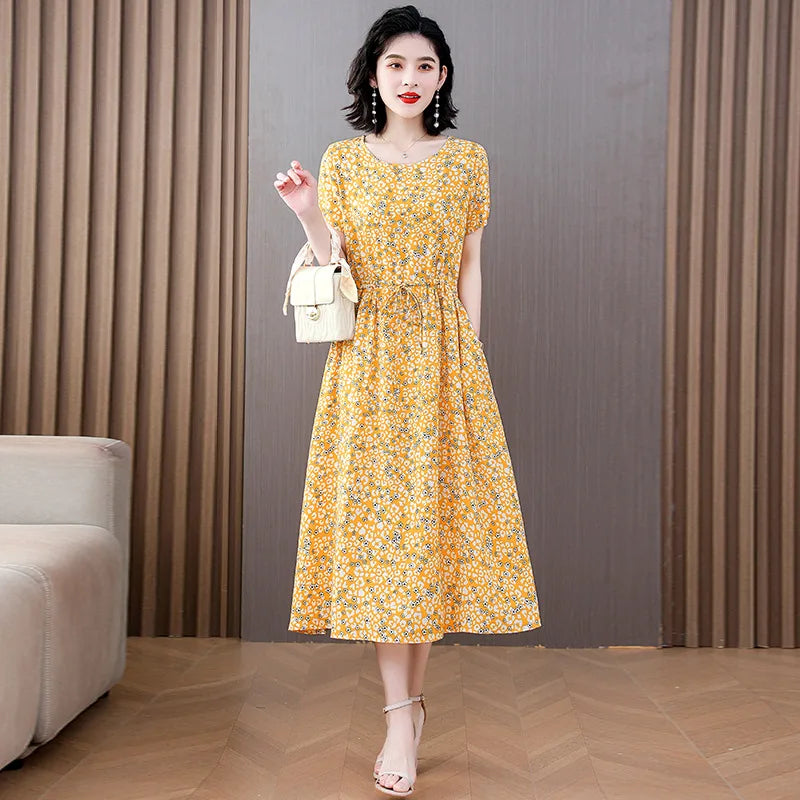 Women Floral Printed Summer Dresses O-neck Short Sleeve Fashion Printing Women's Simple Flower A-line Casual Dress