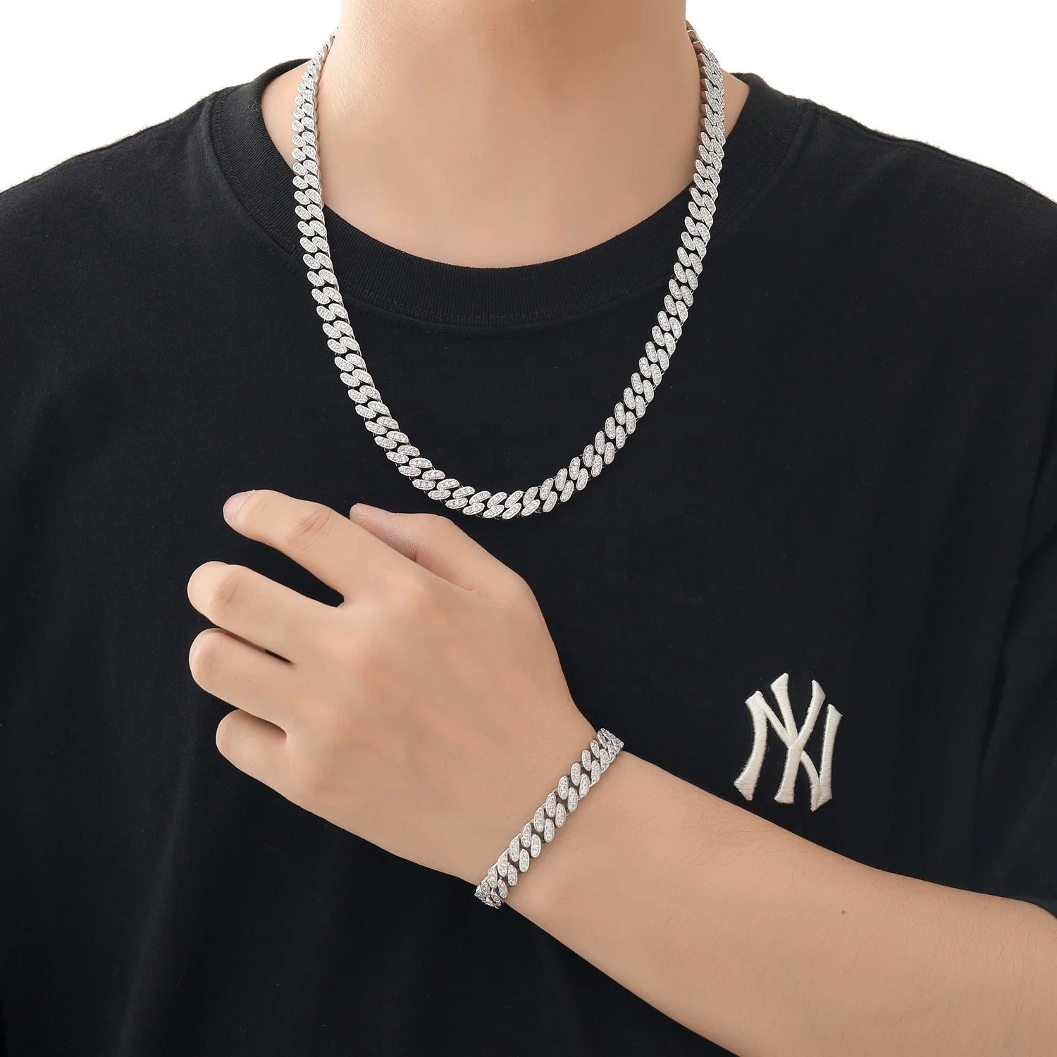BES 10MM Iced Out Cuban Link Chain Cubic Copper Zirconia Necklace Hip Hop Bracelet Wholesale Women Man Hip Hop Jewelry