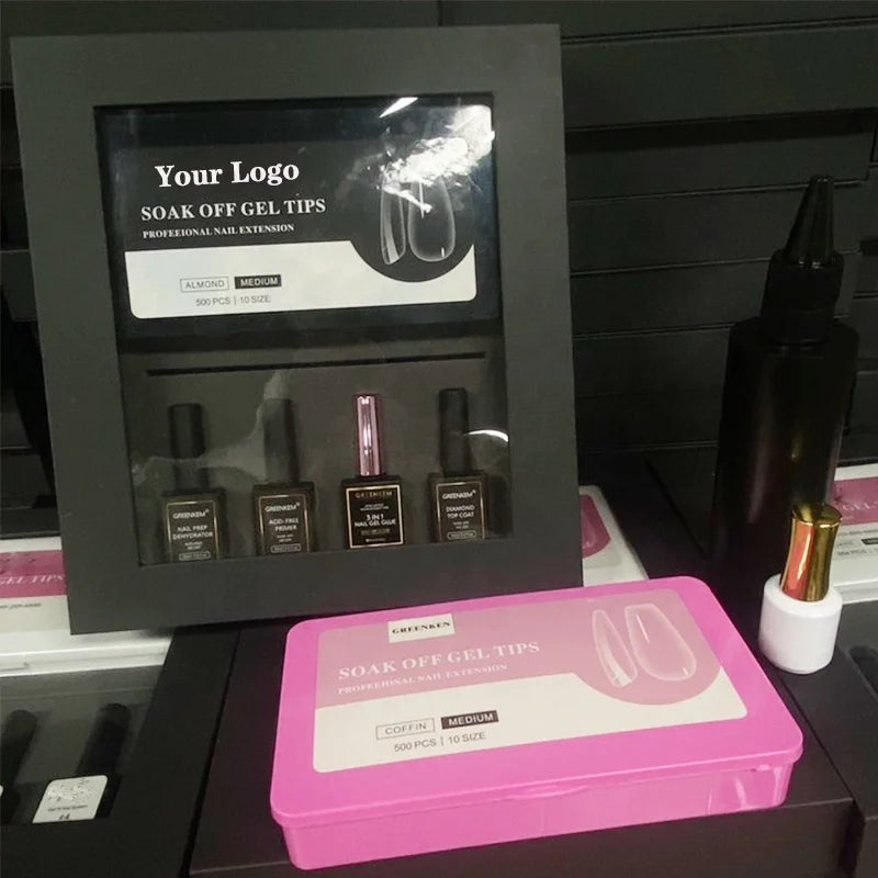Soft Gel Nail Tip Set Custom Box and LOGO Nail Tip Set With Lamp Glue Clear Full Cover Soft Gel Nail Tip Kit